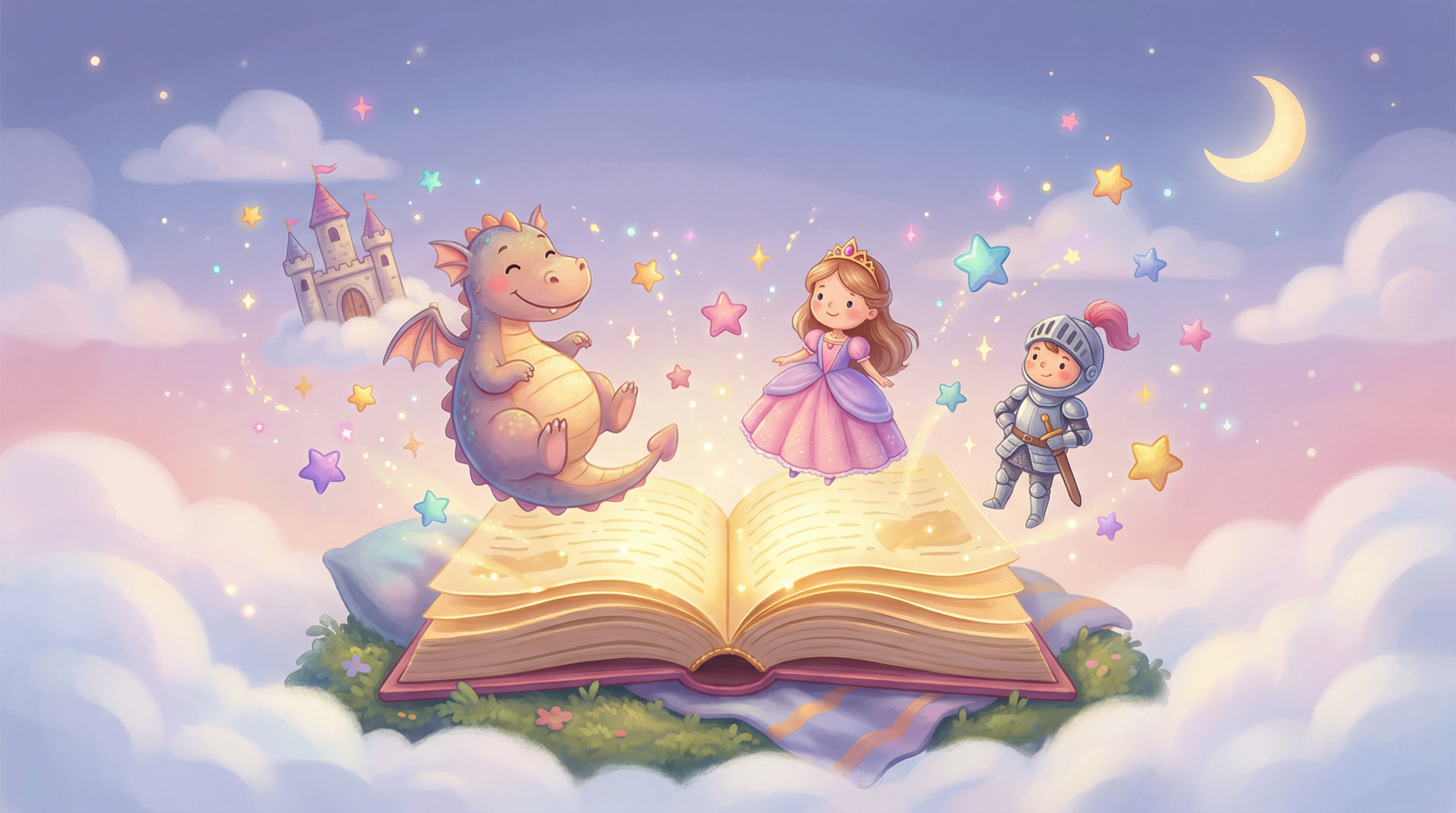 Magical storybook with dragon, princess, and knight characters